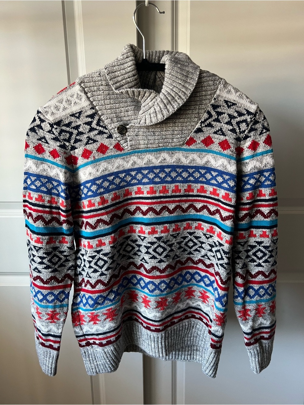 Boys Sweater in Gray with Red & Blue Accents